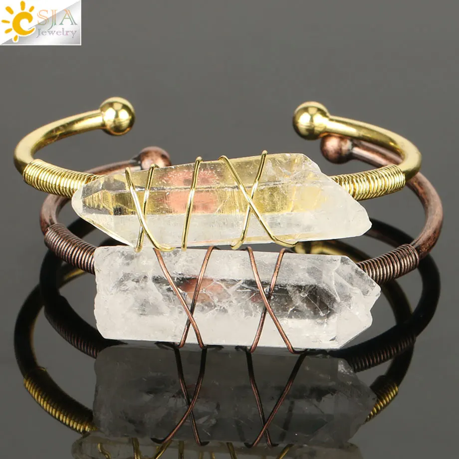 CSJA Natural Stone Clear Quartz Bangles Open Cuff Bracelet Wire Wrap Irregular Crystal Stones Copper Bangle Female Jewelry G168