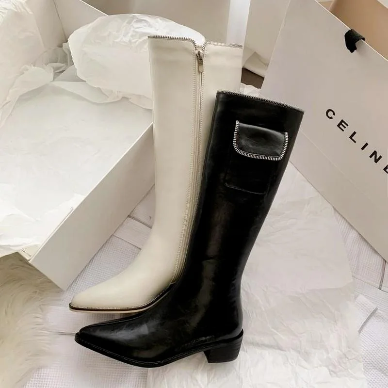 

2021 new cow leather platform high heels bag decoration equestrian boots winter shoes fashion zipper cool knee high boots