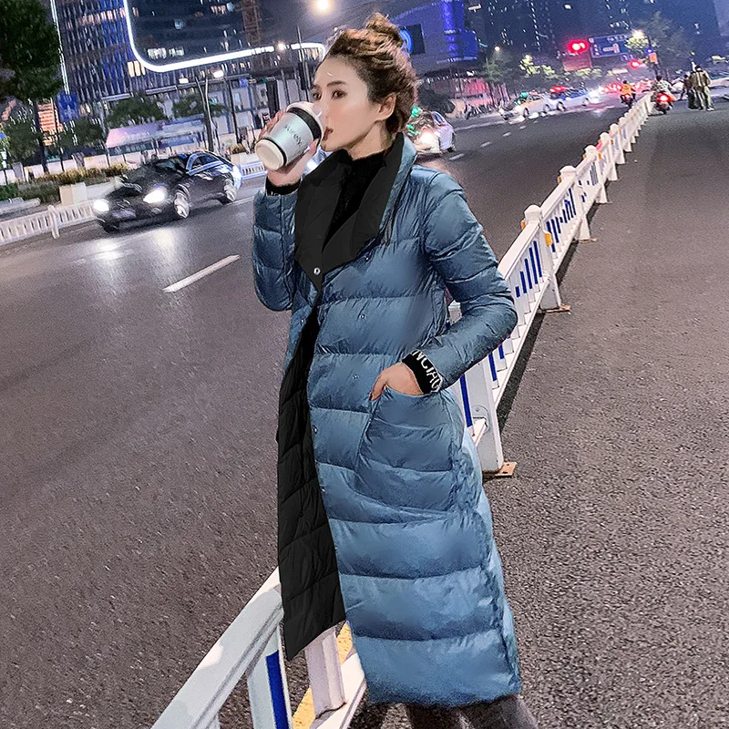 Light blue and Black Double Sided Women's Down Jacket Long Winter Turtleneck White Duck Down Coat Female Double Breasted Plus size Warm Plaid Parkas - Цвет: Light blue and Black