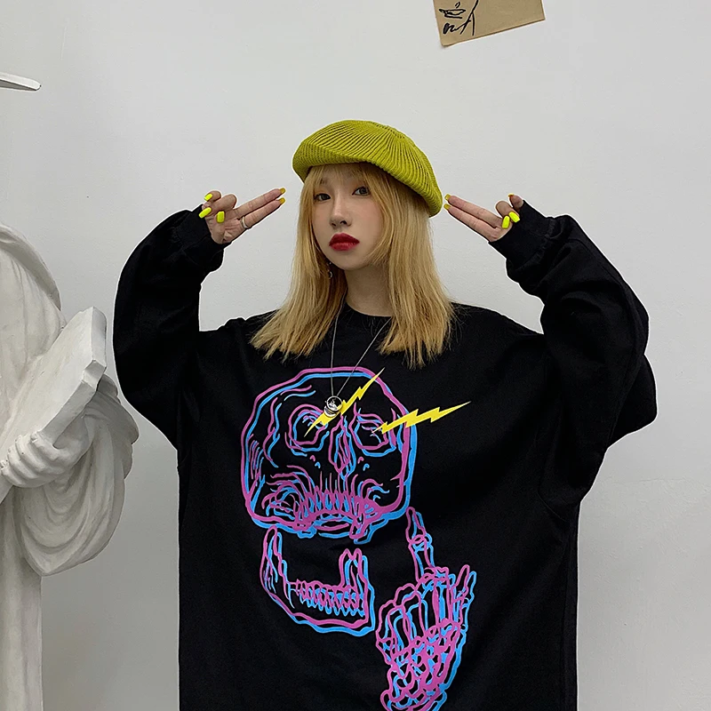 Skull Print Harajuku Hoodie Sweatshirt Casual Hoodies Women Oversized Polyester Cotton Winter Coat Halloween Long Sleeve V557