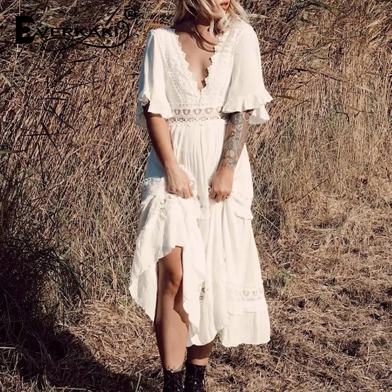 

Everkaki Bohemian Maxi Dress Women Lace Patchwork Ruffles White Ladies Evening Party Boho Summer Beach Long Dresses Female 2021