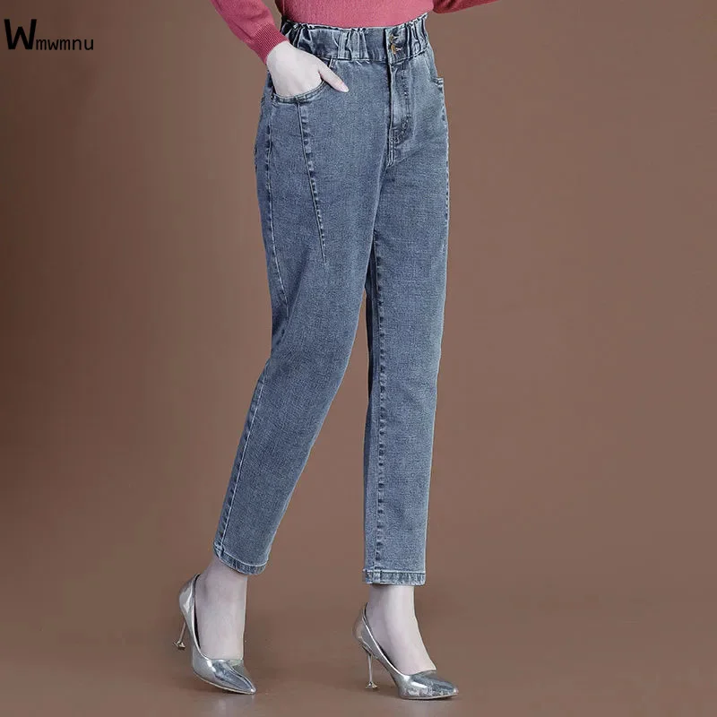 

Повседневные мешковатые джинсы, женские винтажные, потертые, длиной до щиколотки, модные, эластичные, с высокой талией, джинсовые шаровары д...