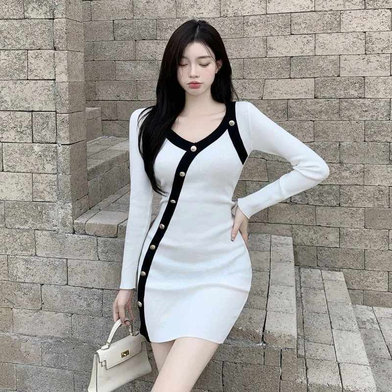 

Korean Autumn Winter New Women Knit Dress 2021 Slim Sexy Temperament Base Skirt High Waist Long Sleeve Solid Color Bodycon Dress