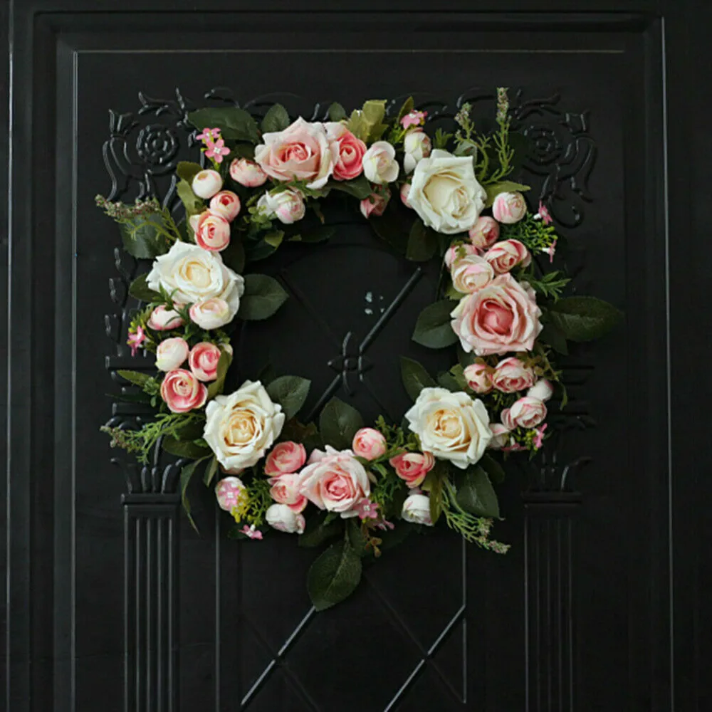 

35cm Artificial Wreath Rostesque Door Decoration Garland Wall Hanging Home Decoration Decor Rose Flower For Wedding Party