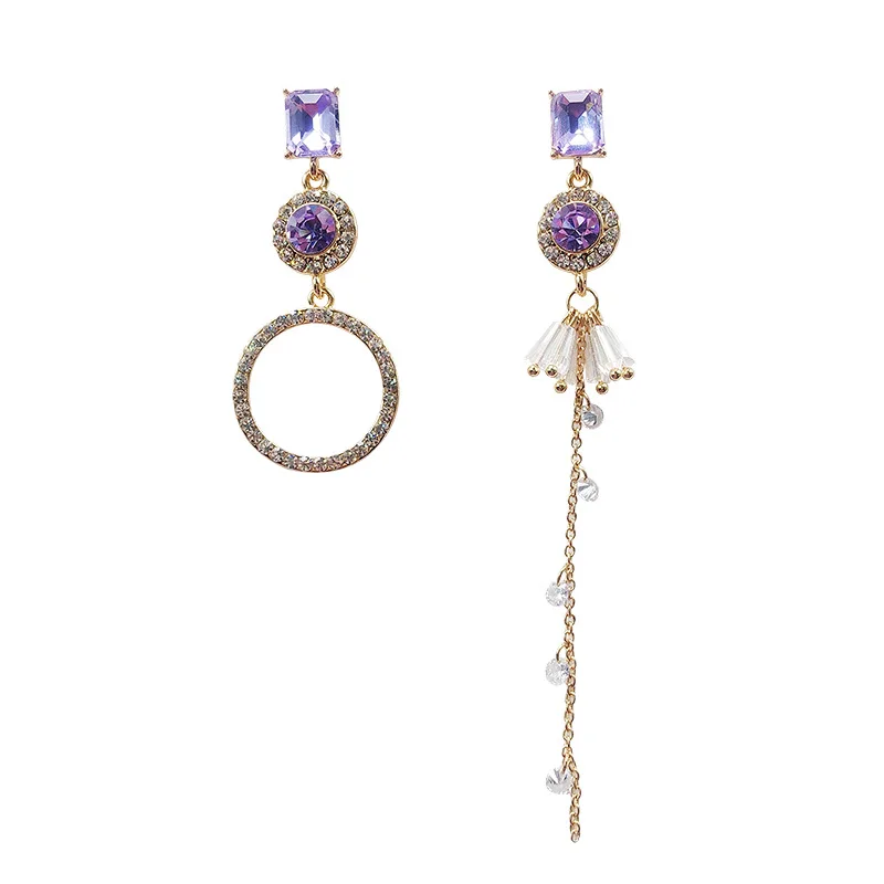 

925 Sterling Silver Asymmetrical Diamond Hoop Earrings for Women Korean Temperament Long Earrings Wild Trendy Earrings