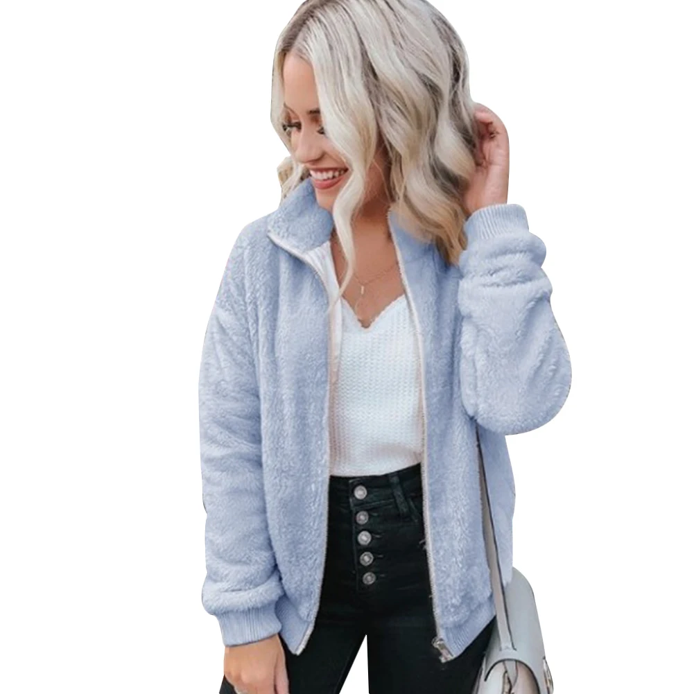 

Soft Warm Women Coat Turn Down Collar Solid Color Winter Long Sleeve Casual Comfortable Elegant Plush Daily Zipper Outwear