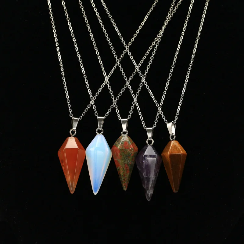 2019 Natural Stone Quartz Pendants Necklaces Crystal Hexagonal Pointed Pendant Silver Color Necklace Jewelry For Women |