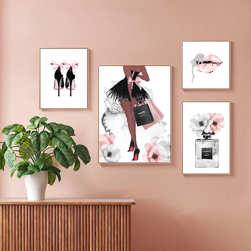 

Watercolour Poster Perfume Bottle Pink Lips Makeup Canvas Print Painting Modern Vogue Wall Art Pictures For Girl Room Decor