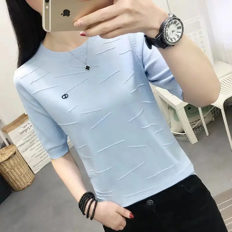 

Women's short sleeve loose edition 2021 summer new ice silk T-shirt knitting