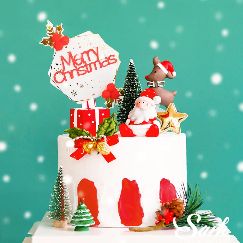 Санта Клаус Декор красная шляпа Лось уличный знак торт Топпер С Рождеством
