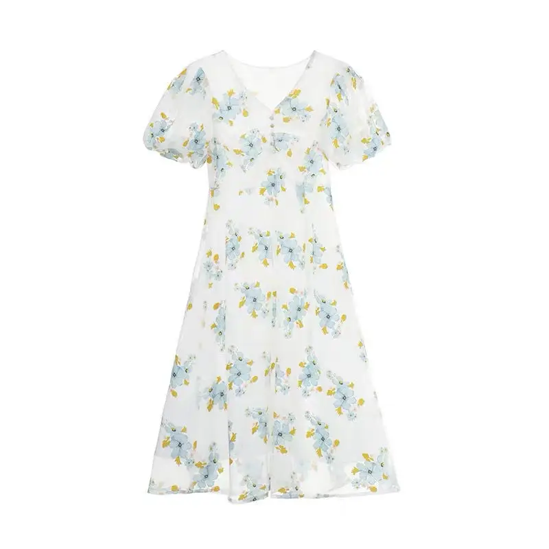 

Summer Floral Dress Women French Style Print Chiffon Fairy Dress Puff Sleeve Korean Style Elegant Sweet Dress New Arrival 2021