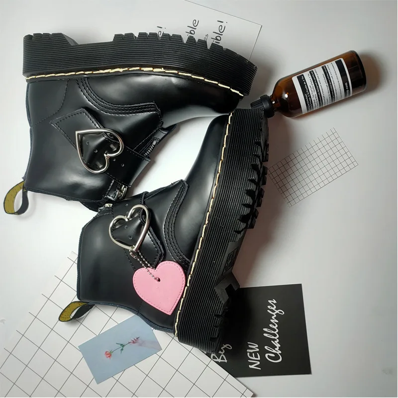 

Women Platform Genuine Leather Martens Boots Zipper Buckle Female Combat Pink Chunky Ankle Booties Lady Height Motorcycle Shoes