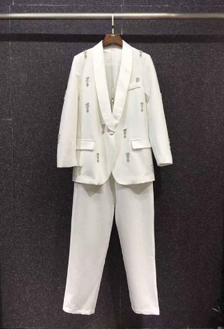 

2021 Autumn Winter Fashion Blazer Sets High Quality Women Crystal Beading Deco Blazer Suits+Skinny Pants & Capris Sets Female