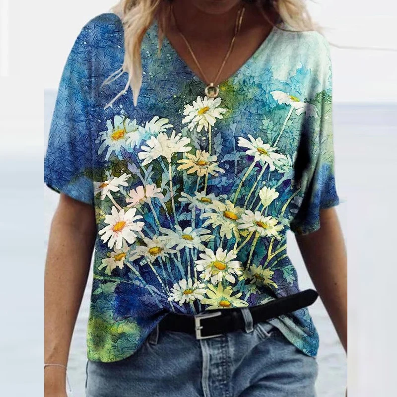

2021 Summer Floral Print Short Sleeve T Shirt Women Elegant V Neck Retro Tee Shirts Spring Fashion Loose Plus Size Tees Tops 3XL