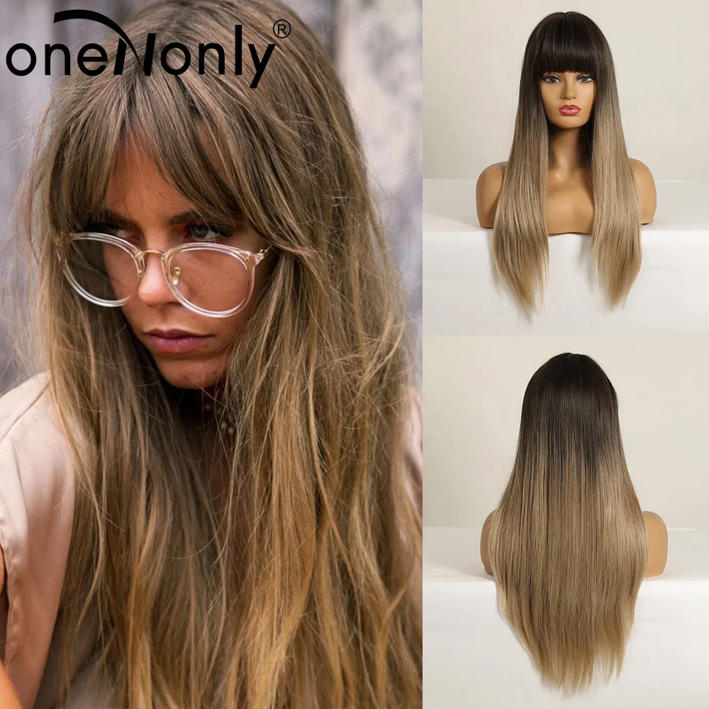 

oneNonly Long Straight Dark Drown Black Omber Blond Brown Synthetic Wigs with Bangs for Women Natural Cosplay Party Hair