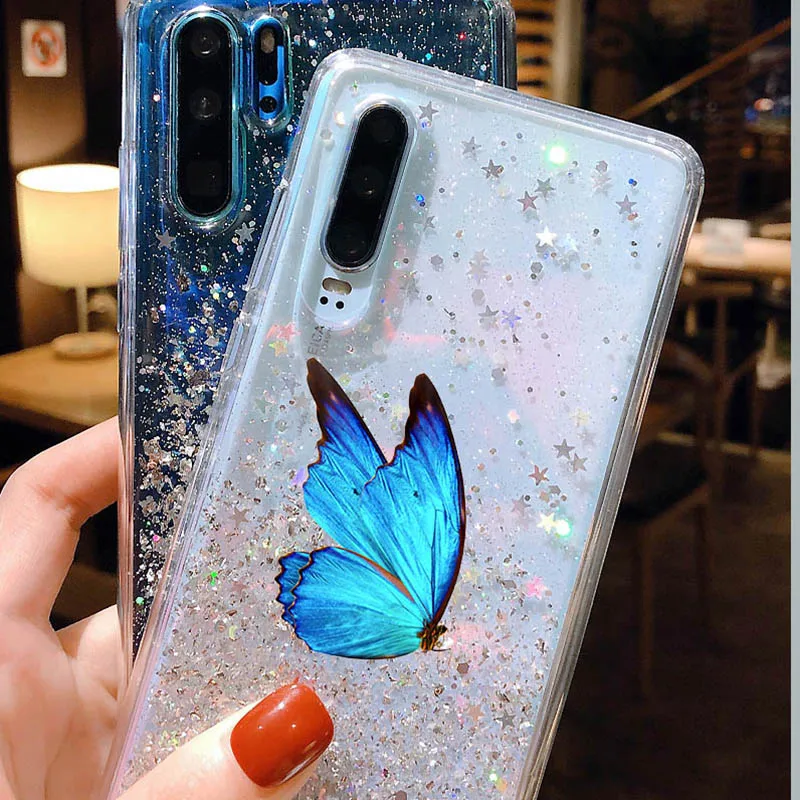 glitter butterfly painted case for huawei p30 pro p40 p20 lite 2019 phone cover for huawei mate 40 30 20 10 nova 5t free global shipping
