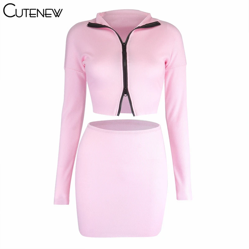 

Cutenew Ribbed Knitted Crop Tops+Bodycon Skirt Two Piece Suit Women 2021 Zipper Long Sleeve Spring Matching Sets Casual Outfits