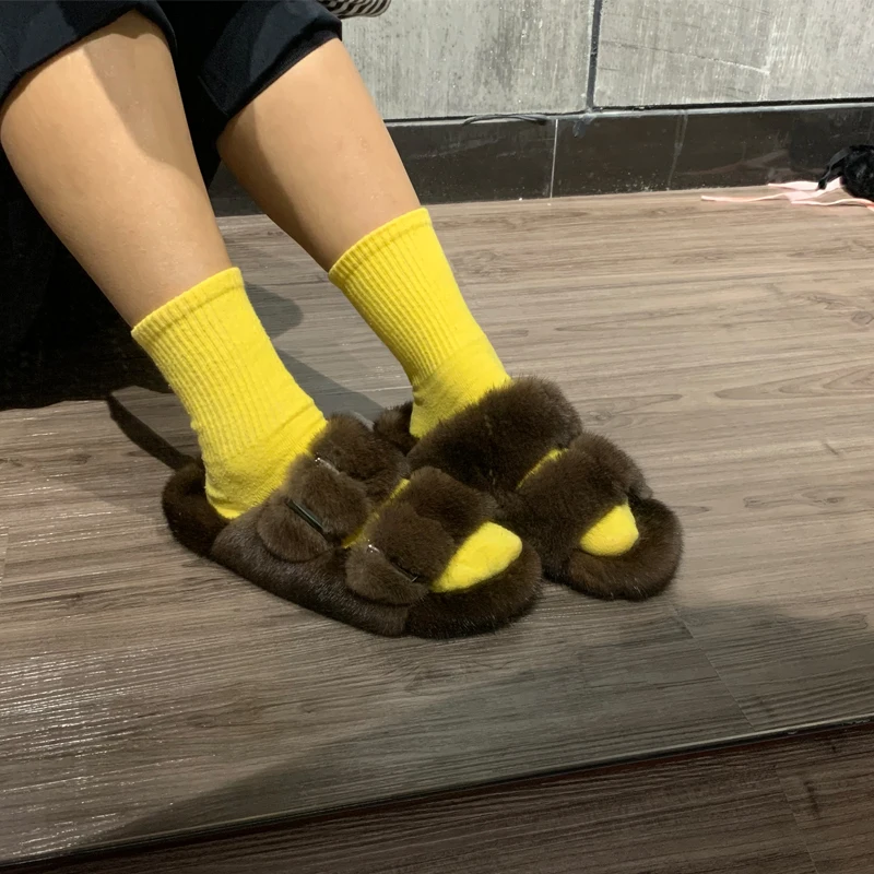 Женские шлепанцы из натурального меха норки|Тапочки| |