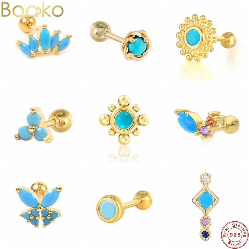 

Boako 1pc/2pcs 925 Sterling Silver Turquoise Cartilage Spiral Stud Earring for Women Crown Helix Ear Studs Piercing Gift Jewelry