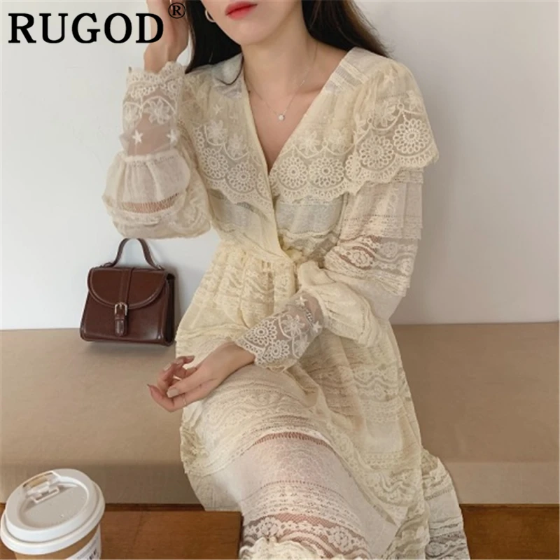 Женское длинное платье RUGOD элегантное кружевное с v образным вырезом и рукавами