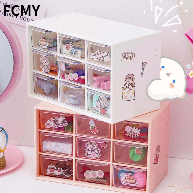 Kawaii White/Pink 9 Grid ABS Drawer Desktop Organizer Desk Storage Box Free Sticker School Stationery Accessories Storage Boxes