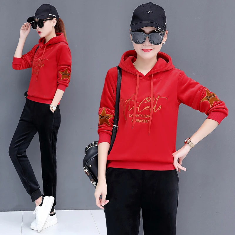 Женский бархатный спортивный костюм теплый пуловер с вышивкой Толстовка и штаны