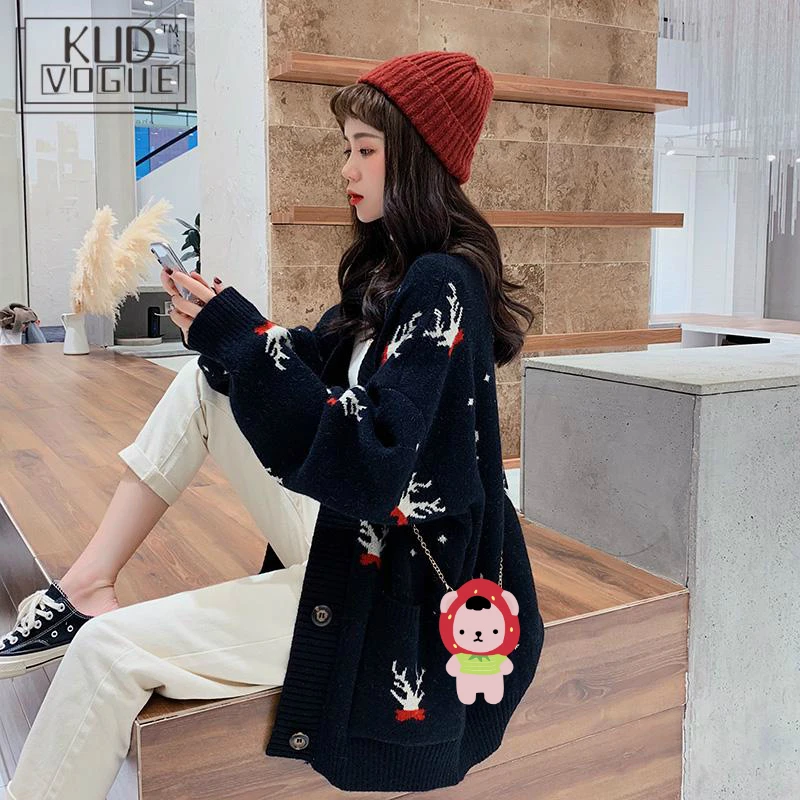 Женский вязаный кардиган осенне-зимний теплый Свободный красного или черного