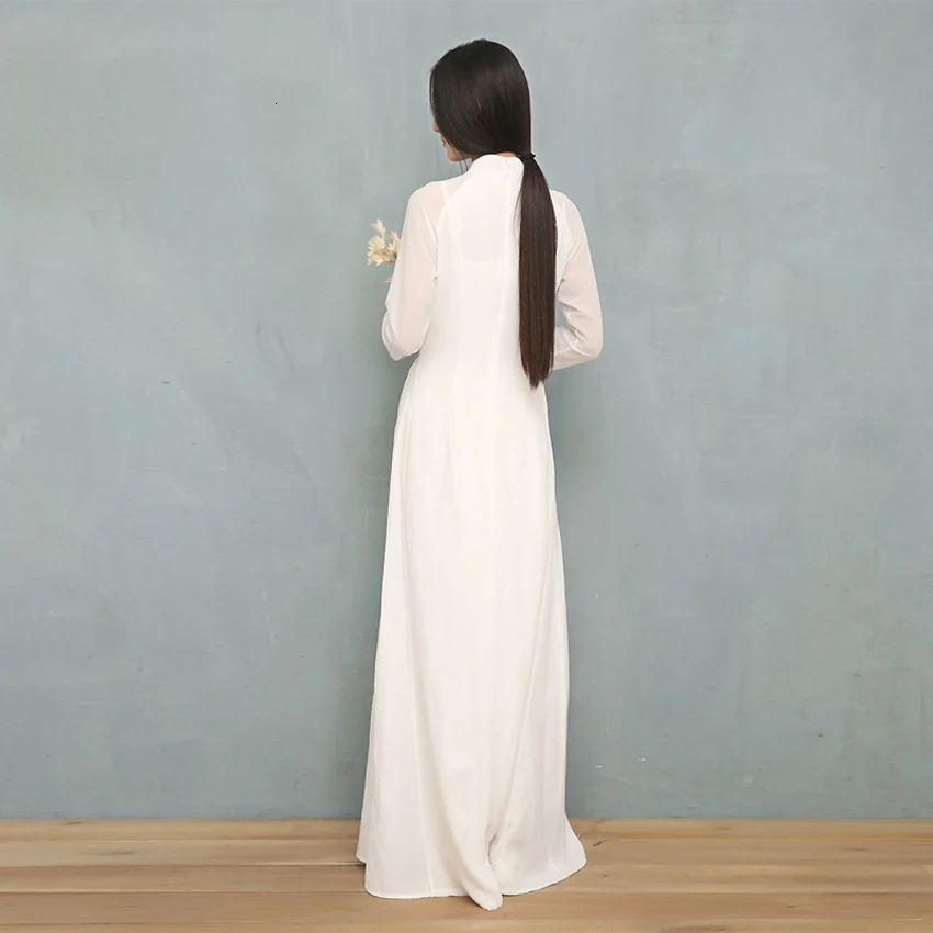 Vietnam Ao Dai White Solid Chiffon Perspective Dress for Woman Chinese Cheongsams Full Sleeve Female Oriental Dress