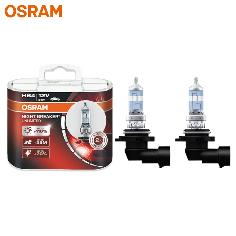 OSRAM Night Breaker Unlimited 9006 HB4 NBU Halogen 12V 51W P22d +110% Bright White Car Original Headlight Bulbs Fog Lamps, 2pcs