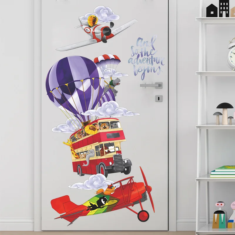 

Hot Air Balloon Helicopter Airplane Bus Clouds Children's Bedroom Entrance Home Decoration Wall Sticker Self-adhesive