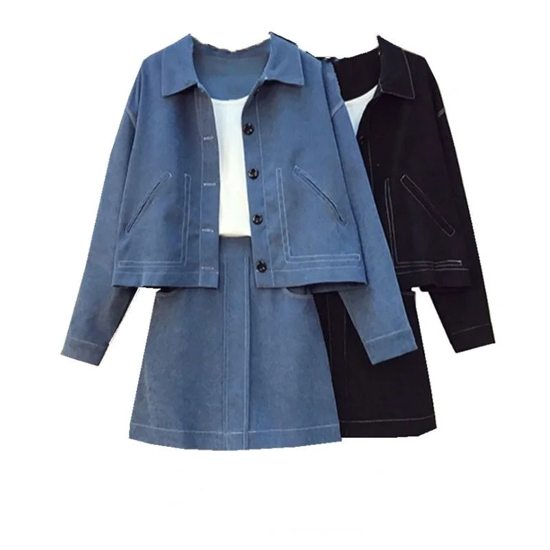 

Autumn Office Lady Dress Sets Two-Piece Set Bright Line Decoration Black Blue Plus Size Matching Sets Corduroy Women's Clothing