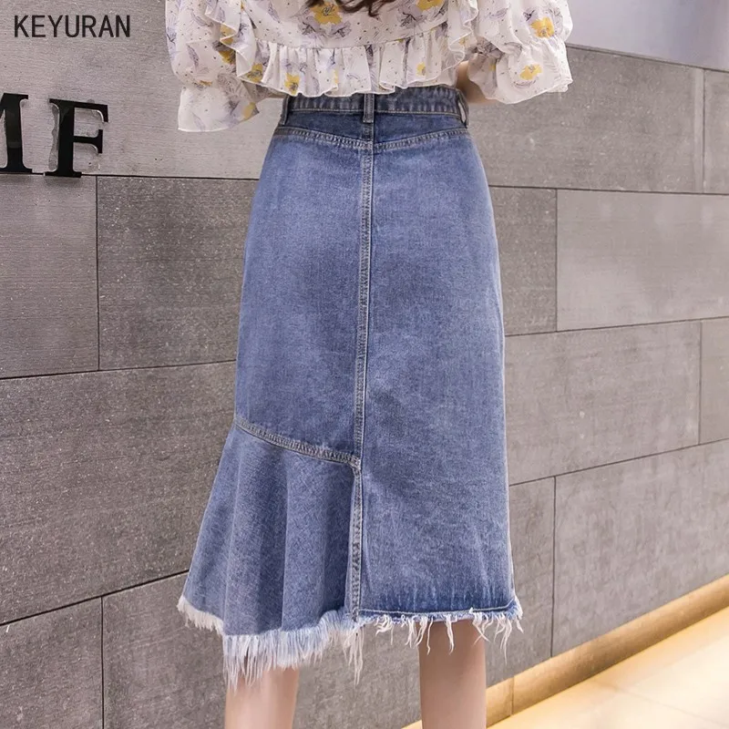 Женская джинсовая юбка средней длины стильная синяя Однотонная с одной