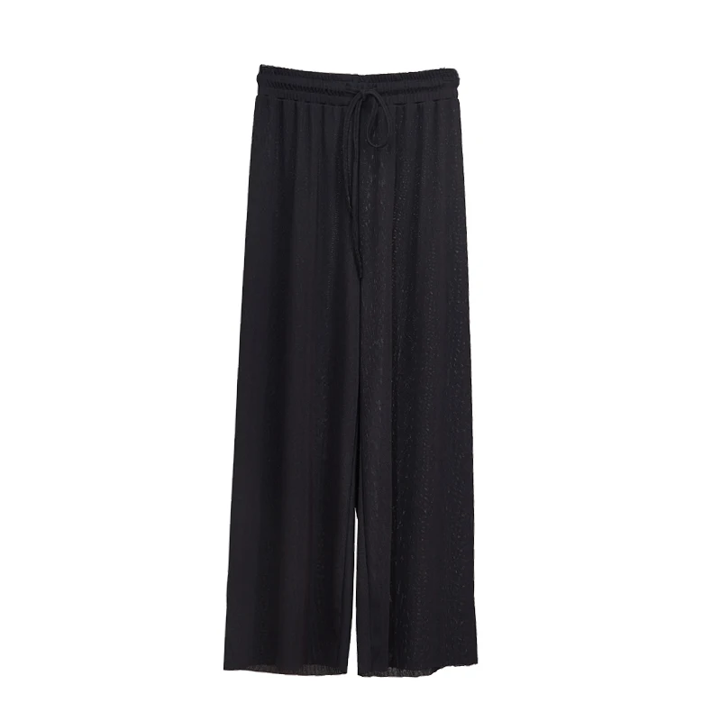

Women Summer Thin Knit Trousers Black Wide Leg Loose Pants Ankle Length Pants Casual trouser Elastic Waist Plus Size Pants