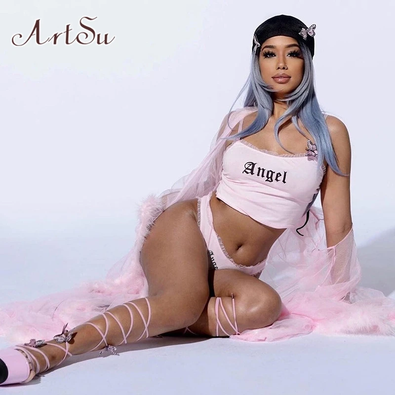 

ArtSu lovely lace edge spaghetti strap croptop&Underpants two-piece set female leisure Beach vacation outfit woman ASSU52006