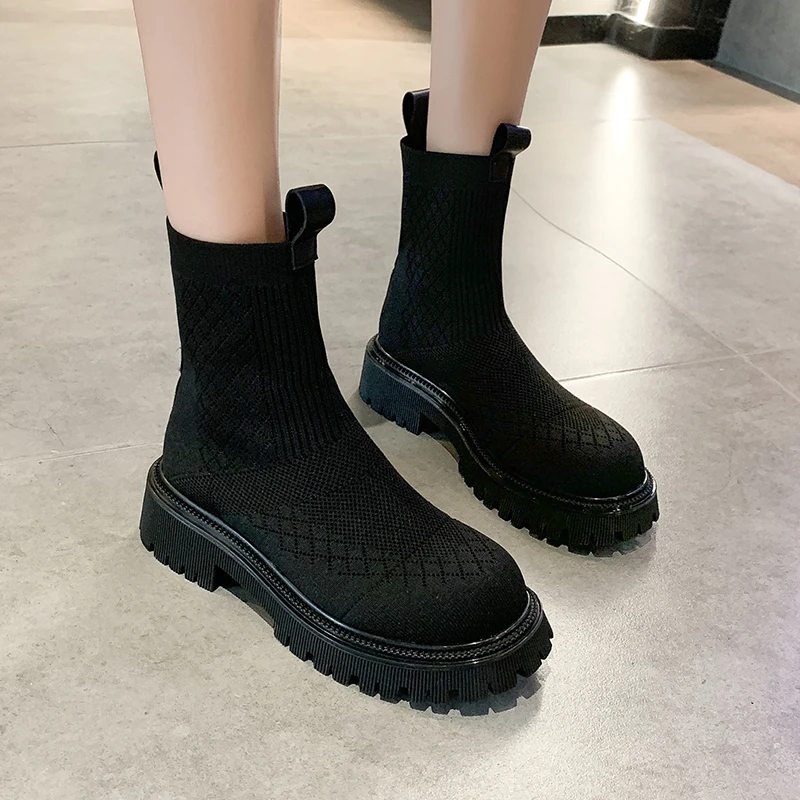 

Ботильоны женские на платформе без шнуровки, вязаные короткие сапоги, дышащая ткань стрейч, Уличная обувь на массивном каблуке, черные