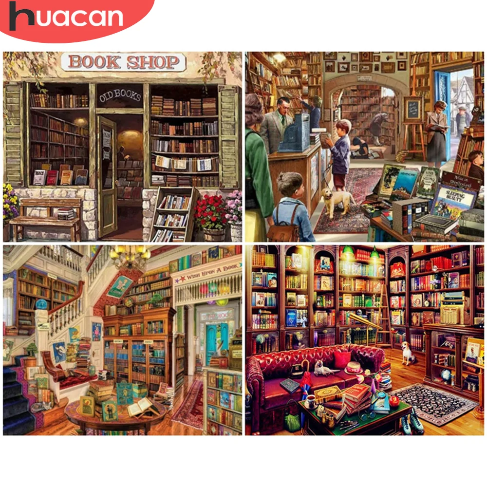 

HUACAN живопись маслом по номерам Bookstore, рисунок на холсте, картины по номерам, дом, ландшафт, ручная роспись, настенные искусства