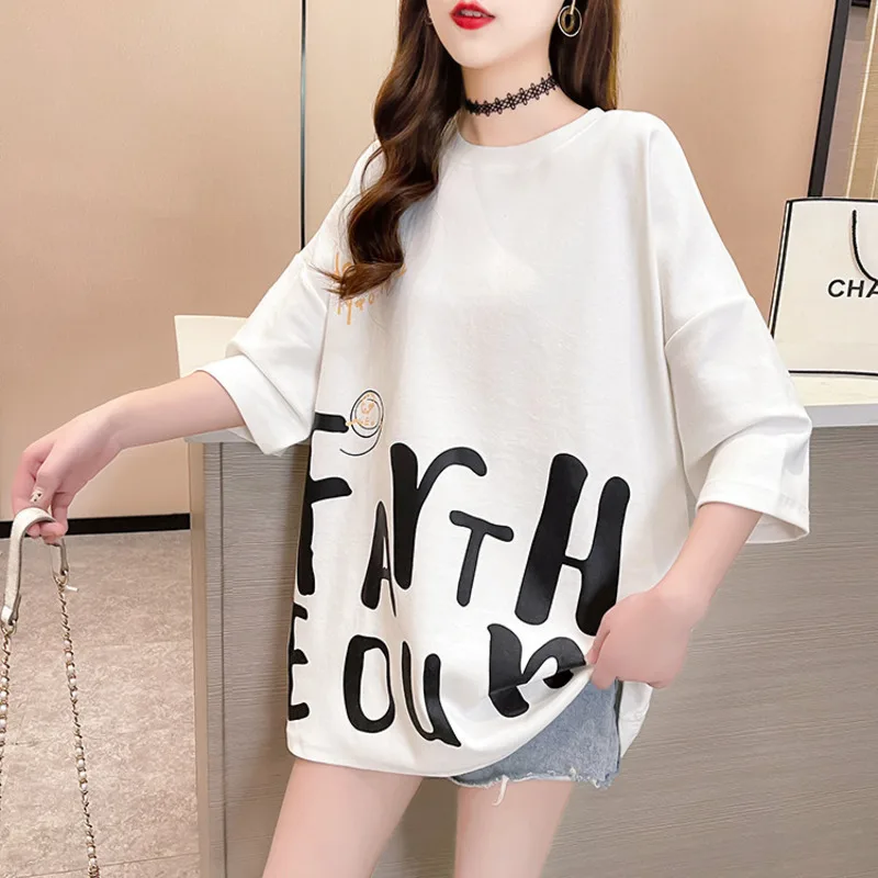

Summer 2021 New Women's Short Sleeve T-shirt Loose All-match O-neck Korean Fashion Girl T-shirt Casual Cotton Letter Print Tops