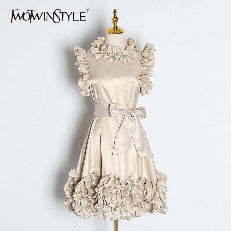 Женское платье без рукавов TWOTWINSTYLE Осеннее ТРАПЕЦИЕВИДНОЕ с бантом и оборками