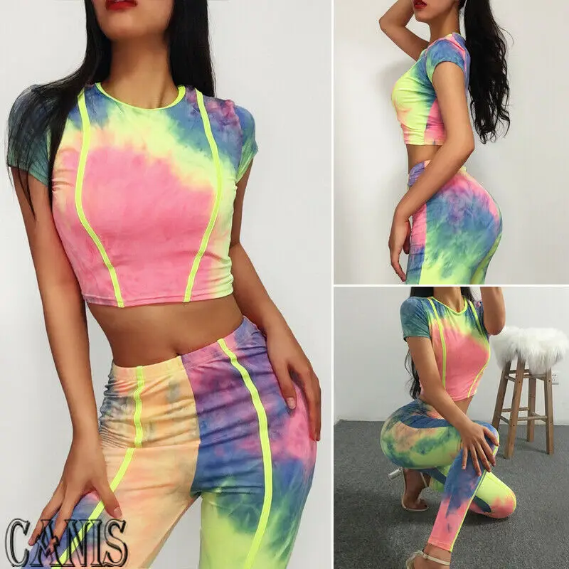 Женская мода Тонкий спортивный костюм Радужный галстук крашение печать желтые