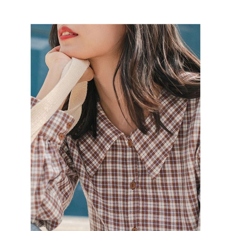 INMAN Winter New Arrival Literary Retro 100%Cotton Doll Collar Plaid Loose Long Sleeve Women Blouse