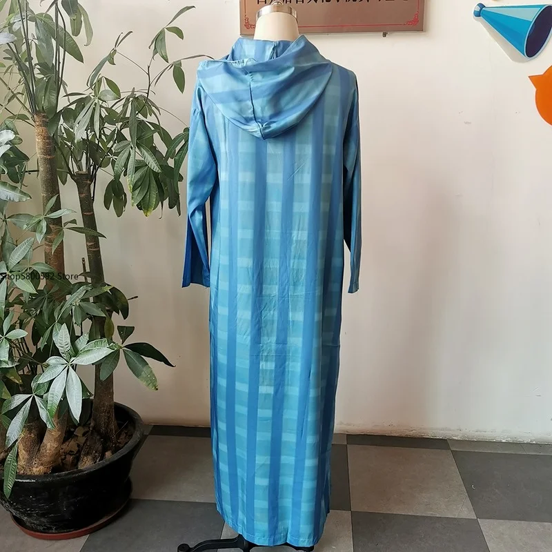 Traditional Striped Men's Long Sleeve Hooded Robe Muslim Oversized Long Shirt Mens Casual Shirts Plus Size Male Clothes 2022
