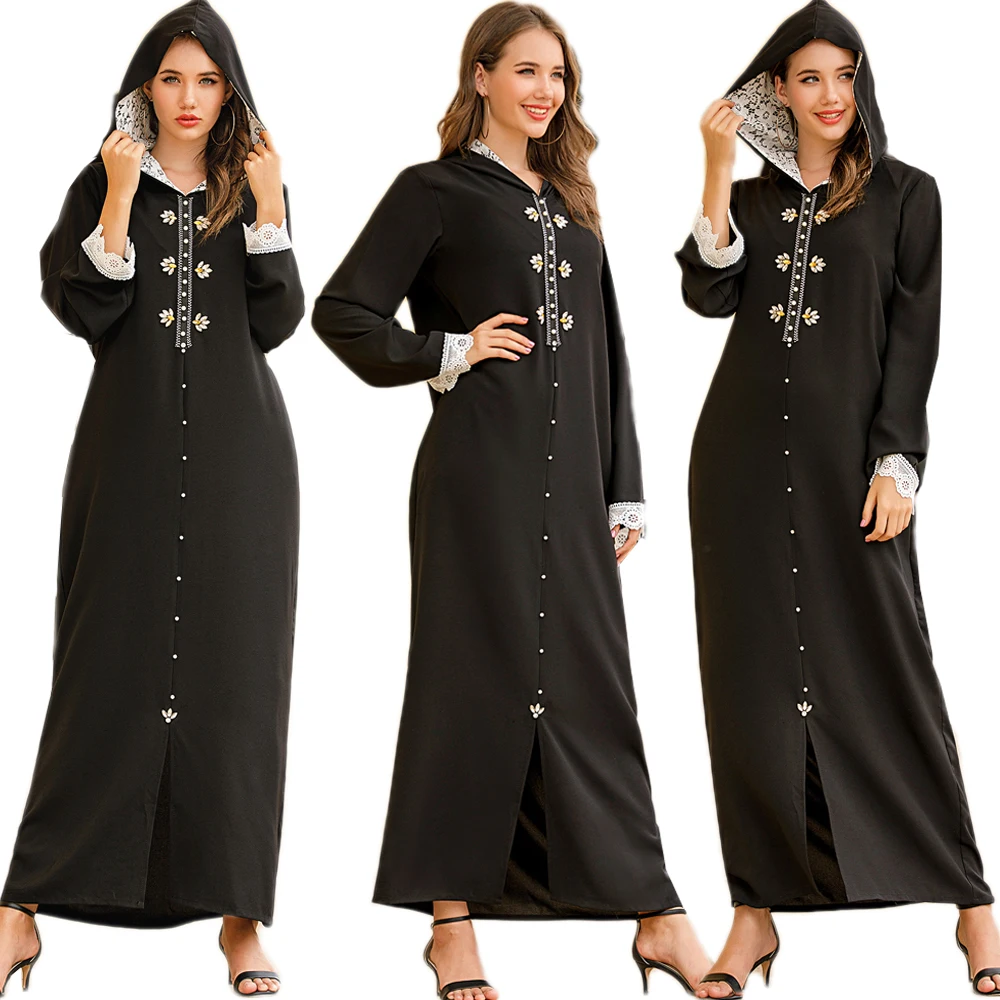 Женское длинное мусульманское платье Абая с капюшоном, кружевные Стразы с бисером, длинный халат, исламский Арабский Кафтан джильбба, турец...