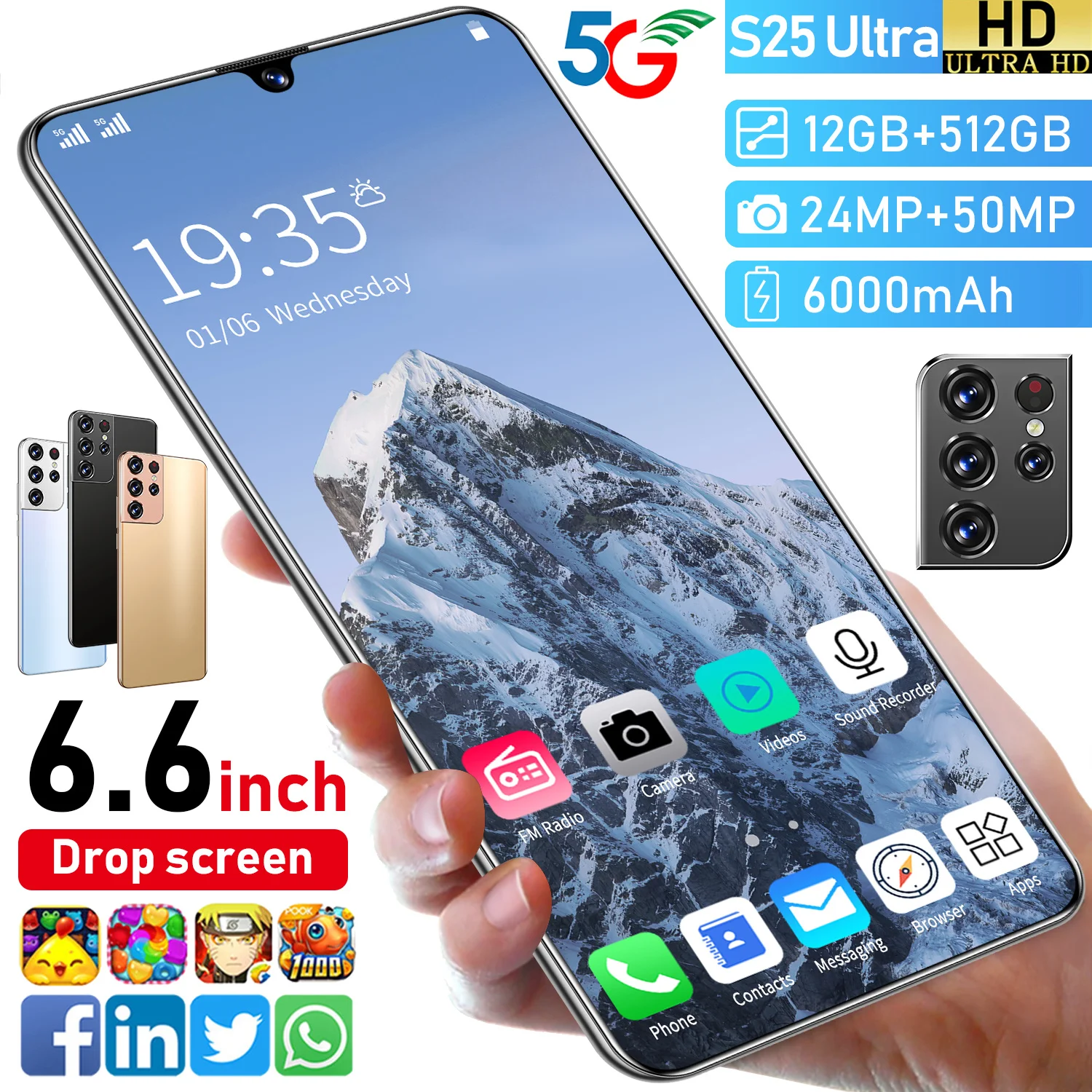 

Global 8+256GB Face Fingerprint ID 10 Core Andriod Mobile Phones S25Ultra 6.6 Inch Full Screen Dual SIM 6000mAh Smart Phones