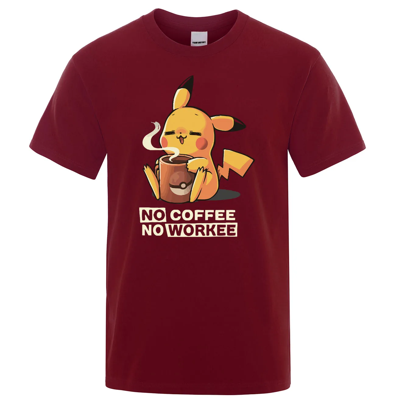 Футболки NO COFFEE NO WORKEE, Пикачу, футболка Pokemon, повседневные мужские футболки с круглым вырезом, Забавные футболки, черные мужские топы, брендовая одежда