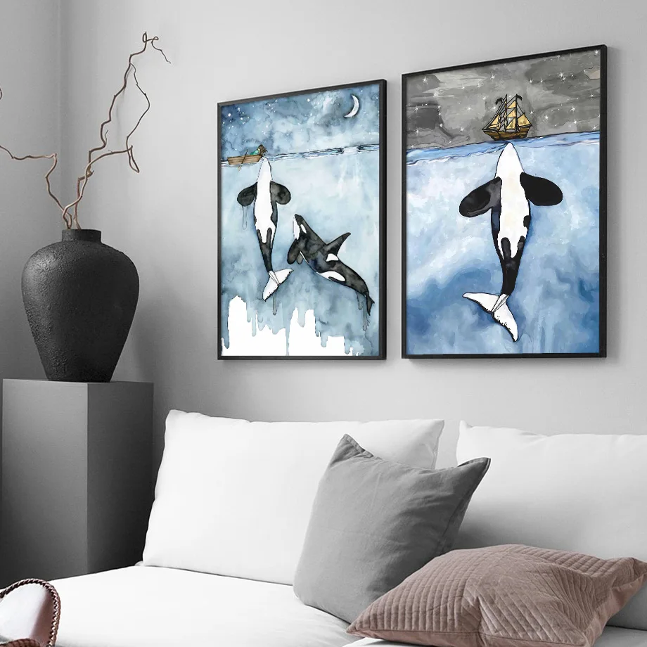 Whale Sea Boat Moon Cartoon Wall Art Print Canvas Painting Nordic Posters And Prints Pictures Baby Kids Room Decor | Дом и сад