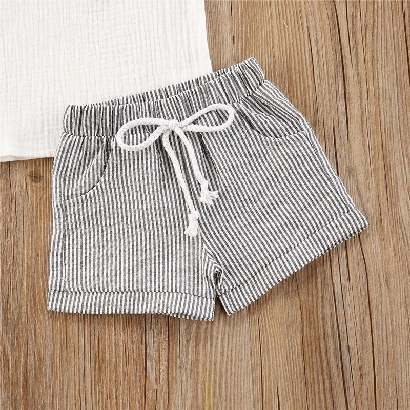 

Summer Infant Baby Boys Girls Clothes Sets 2020 Brand Baby Boy White Button Short Sleeve T Shirt Top+Drawstrings Striped Shorts