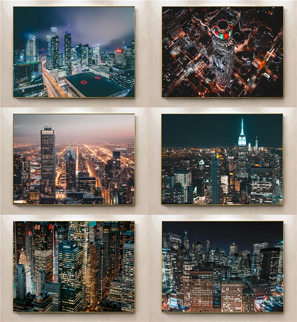 

Городской плакат в современном стиле, скандинавский домашний декор, здание высотой, Бизнес-центр, ночная Аэрофотосъемка, настенное художес...