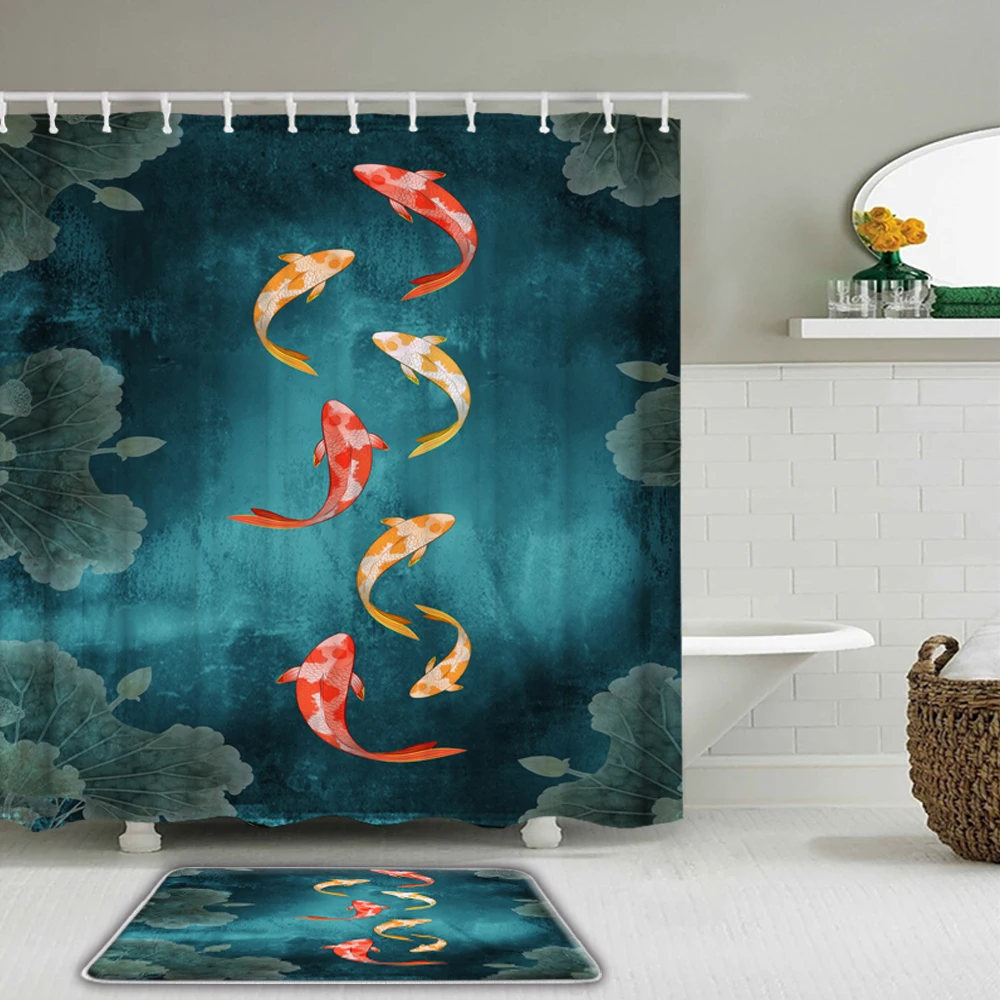 

Fish 3D Printed Fabric Shower Curtains Flowers Fabric Waterproof Bathroom Curtain Set With Non-Slip Rug Toilet Bath Mat Carpet