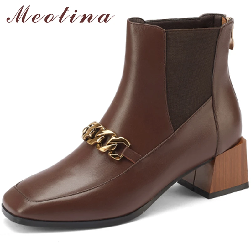 

Meotina Women Genuine Leather Ankle Boots Square Toe Thick High Heel Chelsea Boots Chain Zipper Ladies Boots Autumn Winter 2021