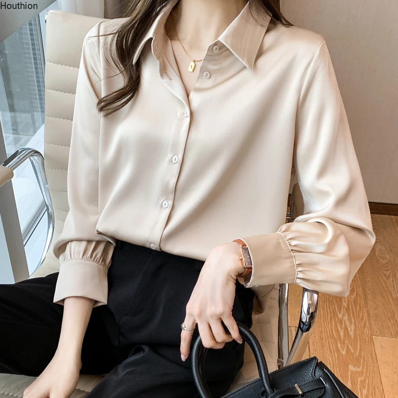 

Women's Blouses Satin Long Sleeve Tops Polo Shirts Solid Color Fashion Casual Korean Loose Commute Lady Blusas